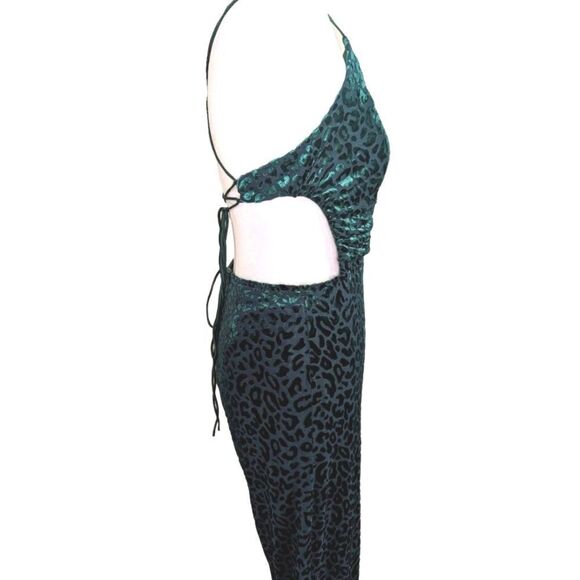 Miss Avenue Green Velvet Burnout leopard animal backless Cutout jumpsuit M - Picture 5 of 10